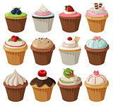 Set of delicious cupcakes with different toppings. 