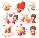 Set of cute boy and girl cupids.