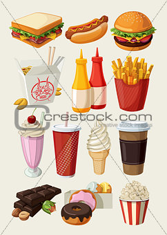 Set of colorful cartoon fast food icons.