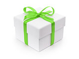 white gift paper box with green ribbon bow