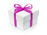 white gift paper box with purple ribbon bow
