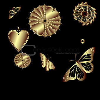 Set of decorative gold butterflies and hearts 