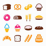Bakery, pastry icon set - bread, donut, cake, cupcake