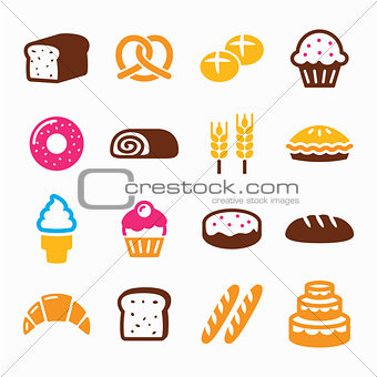 Bakery, pastry icon set - bread, donut, cake, cupcake