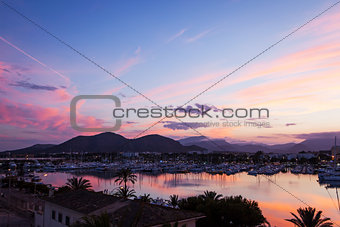 Evening sea views of the harbor, resort city and mountains