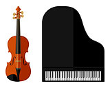 Isolated image of violin and grand piano
