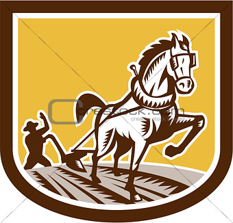 Farmer and Horse Plow Farm Crest Woodcut Retro
