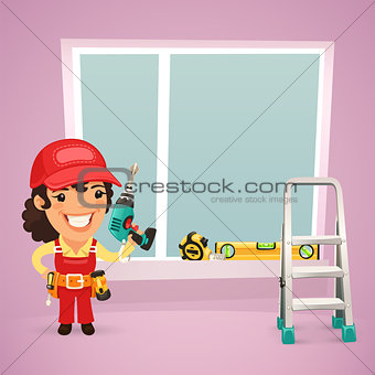 Female Worker Is Installing the Window
