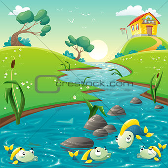 Landscape with river and funny fish.