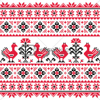 Ukrainian Slavic folk knitted red emboidery pattern with birds