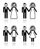 Wedding, married couple, bride and groom icons set