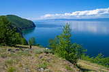View of Lake Baikal from a high steep bank.