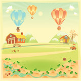 Funny landscape with farm and hot air baloons