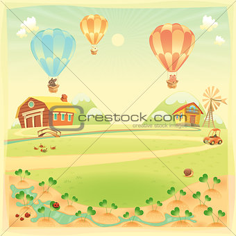 Funny landscape with farm and hot air baloons