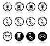 Contact, hotline, 24h help icons set
