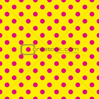 Tile vector pattern with big pink polka dots on a sunny yellow background.