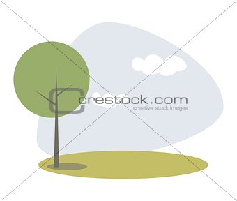 Green vector tree on the hill at blue sky spring or summer day
