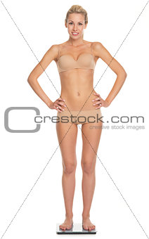 Full length portrait of happy young woman in lingerie standing s