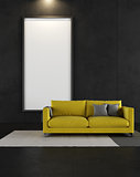Black  room with yellow couch