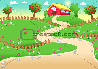 Funny landscape with farm. 