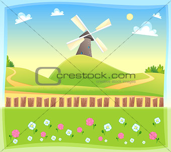 Funny landscape with windmill. 