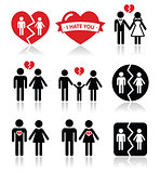 Couple breakup, divorce vector icons set