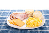 Scrambled Eggs Ham Biscuits and Cheese