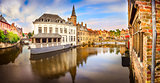 Panoramic view of famous water canal in Bruges