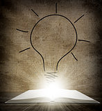 Above an open book is a sketch bulbs