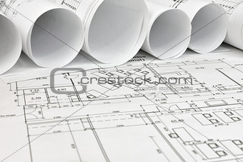Scrolls of architectural drawings