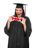 Female Graduate Holding Stack of Gift Wrapped Hundred Dollar Bil