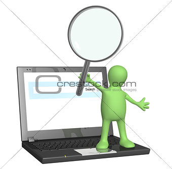 Puppet with magnifier and laptop