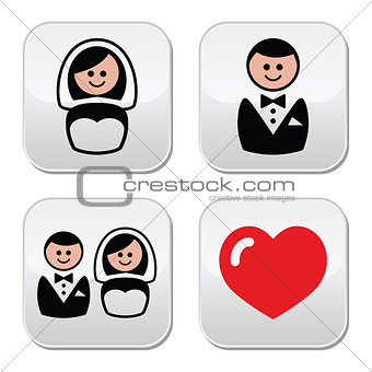 Groom and bride on round white buttons