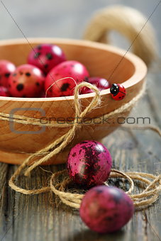 Easter eggs and wooden bowl with ladybug.