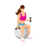 Beautiful woman exercising with two dumbbell weights sitting on the fitness ball