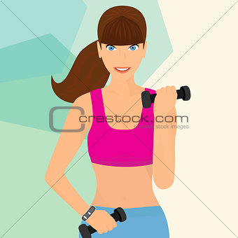 beautiful woman exercising with two dumbbell weights