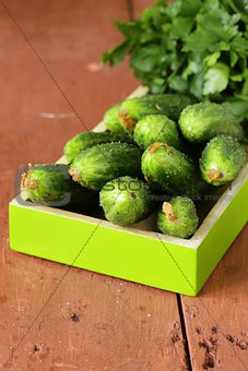fresh ripe green cucumbers on a wooden table