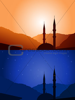 Vector mosque silhouette day and night