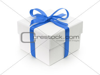 white gift paper box with blue ribbon bow