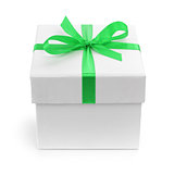 white gift paper box with green ribbon bow