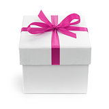 white gift paper box with purple ribbon bow