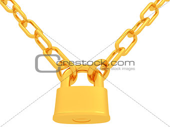 gold chains and padlock isolation on white background