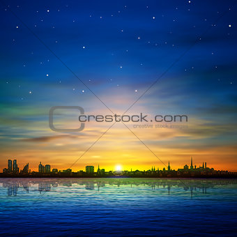 abstract background with panorama of city and sunrise