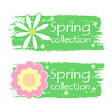 spring collection with flowers signs, green drawn labels