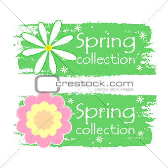 spring collection with flowers signs, green drawn labels
