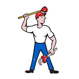 Plumber Wield Wrench Plunger Isolated Cartoon