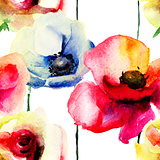 Stylized Poppy and Rose flowers illustration
