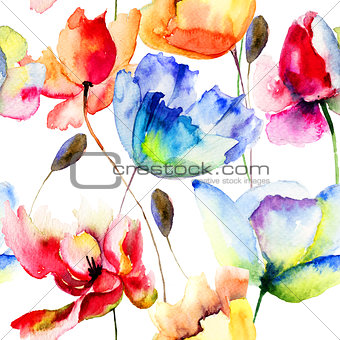 Seamless wallpaper with Poppy and Tulips flowers
