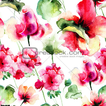 Seamless wallpaper with Geranium and Rose flowers