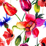 Seamless pattern with Beautiful Tulips and Poppy flowers